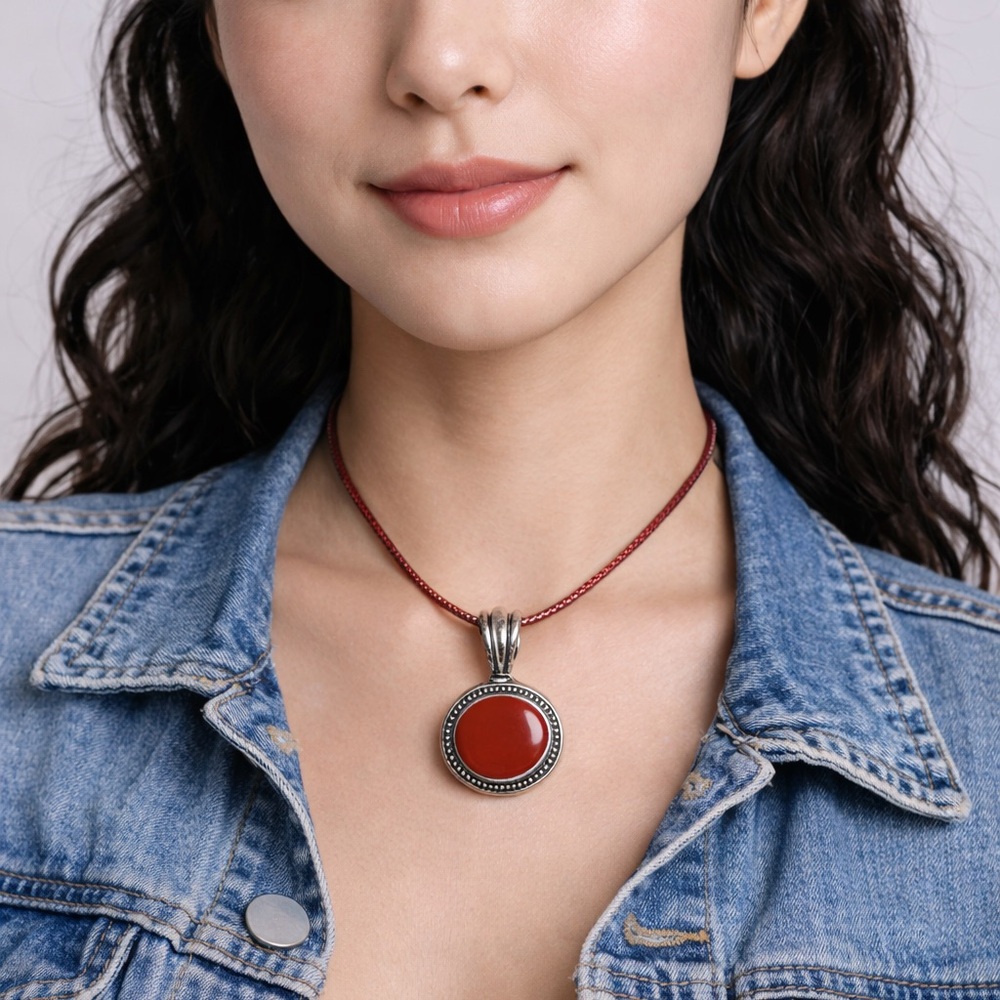 🧚🏻‍♀️ Bold Red and Silver Tone Pendant Necklace 18” cord